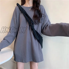 Hnewly Harajuku Long T Shirt Spring Autumn Solid Simple Oversized T-Shirt For Women Goth T-Shirts