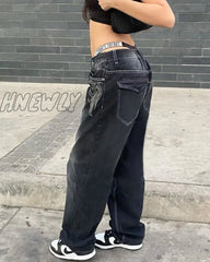 Hnewly Harajuku Printed Cargo Jeans Y2K Dark Blue Brown High Waist Streetwear 90S Baggy Trousers