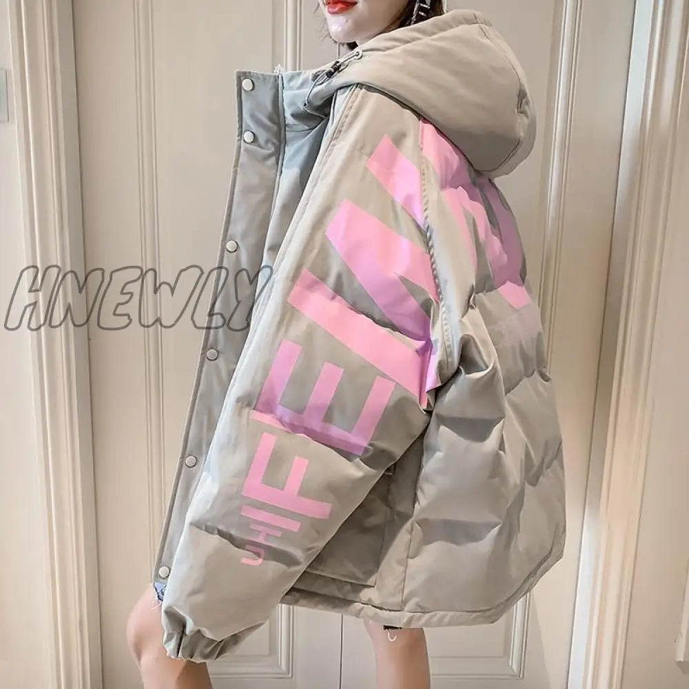 Hnewly Harajuku Printed Down Padded Jacket Women’s Thick Coat Winter New Korean Fashion Preppy