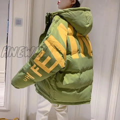 Hnewly Harajuku Printed Down Padded Jacket Women’s Thick Coat Winter New Korean Fashion Preppy