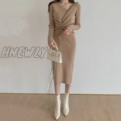 Hnewly Harajuku Vintage Korean One-Piece Sweater Maxi Dresses For Women Draw String Bodycon Slim