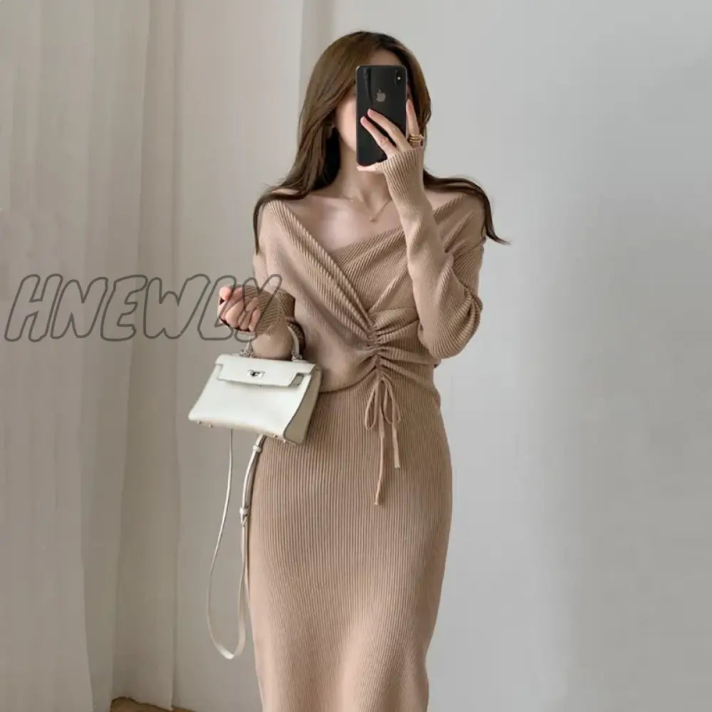 Hnewly Harajuku Vintage Korean One-Piece Sweater Maxi Dresses For Women Draw String Bodycon Slim