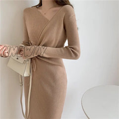 Hnewly Harajuku Vintage Korean One-Piece Sweater Maxi Dresses For Women Draw String Bodycon Slim