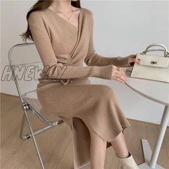 Hnewly Harajuku Vintage Korean One-Piece Sweater Maxi Dresses For Women Draw String Bodycon Slim