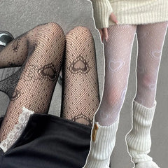 Hnewly Heart Flower Mesh Japanese Girl Lolita Ins Tights Stockings White Fishnet Pantyhose Female