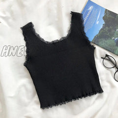 Hnewly Heliar Summer Tank Tops Women Sexy Lace Up Crop Top For Basic Solid Square Neck Plain Black