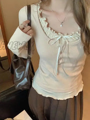Hnewly High Quality Contrasting Colors Crop Top Slim Chic T-Shirts Gyaru Lace Up Tees Aesthetic