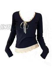 Hnewly High Quality Contrasting Colors Crop Top Slim Chic T-Shirts Gyaru Lace Up Tees Aesthetic