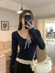 Hnewly High Quality Contrasting Colors Crop Top Slim Chic T-Shirts Gyaru Lace Up Tees Aesthetic