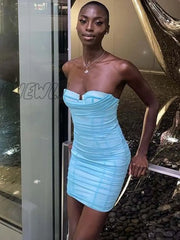 Hnewly High Quality Mesh Bodycon Dress Women New Arrivals Lined Mini Strapless Sexy Party Evening