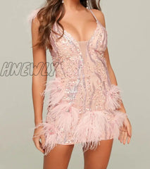 Hnewly High Quality Pink Mini Feather V - Neck Fashion Bodycon Dress Night Club Party New Years Eve