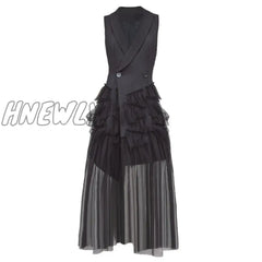 Hnewly High Quality Spring Summer Women Dresses Black Mesh Patchwork Sleeveless Suit Vest Veil