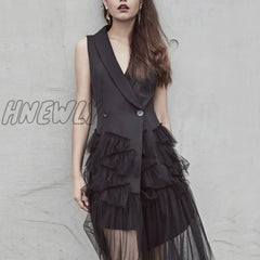 Hnewly High Quality Spring Summer Women Dresses Black Mesh Patchwork Sleeveless Suit Vest Veil