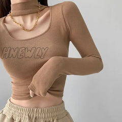 Hnewly High Street Hollow Out Halter Crop Tops Women Fashion Design Slim Long Sleeve T-Shirts