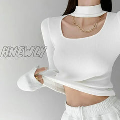 Hnewly High Street Hollow Out Halter Crop Tops Women Fashion Design Slim Long Sleeve T-Shirts