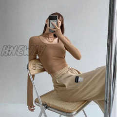 Hnewly High Street Hollow Out Halter Crop Tops Women Fashion Design Slim Long Sleeve T-Shirts