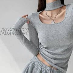 Hnewly High Street Hollow Out Halter Crop Tops Women Fashion Design Slim Long Sleeve T-Shirts