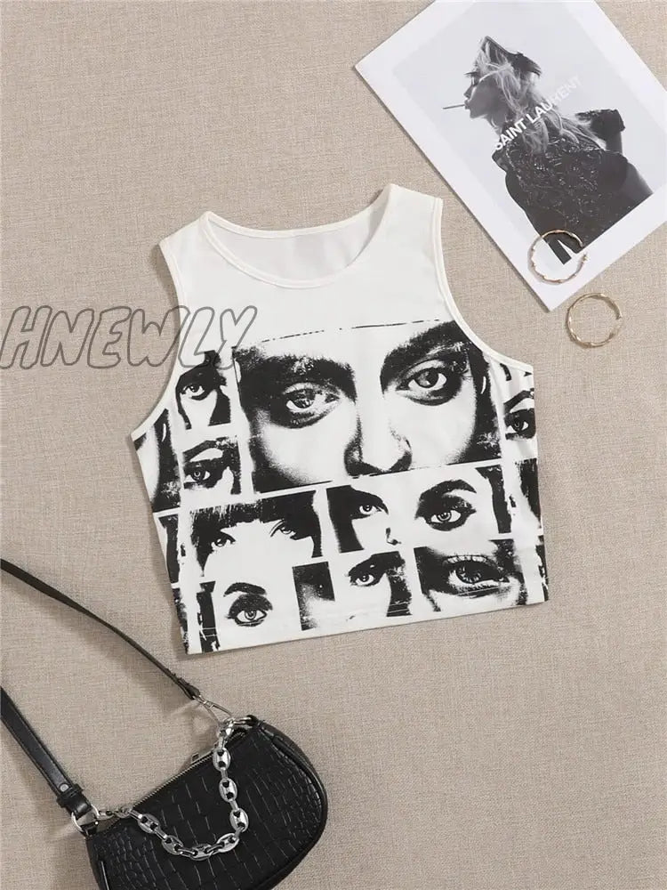 Hnewly High Street Style Y2K Figure Graphic Crop Top Women Summer Clothes Korean Fashion Sleeveless