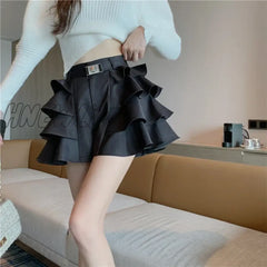Hnewly High Street Y2K Korean Skirt Women Ruffles Designer Slim Party Casual Female Black Gothic