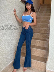 Hnewly High Waist Flare Jeans Pants For Women Fashion Stretch Denim Pocket Trousers Wide Leg Ladies