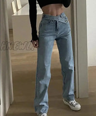 Hnewly High Waist Jeans Women Casual Fashion Straight Blue Denim Pants Spring Summer Boyfriend