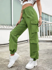 Hnewly High Waist Pockets Cargo Pants Baggy Women Fashion Y2K Streetwear Straight Trousers Overalls
