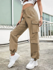Hnewly High Waist Pockets Cargo Pants Baggy Women Fashion Y2K Streetwear Straight Trousers Overalls