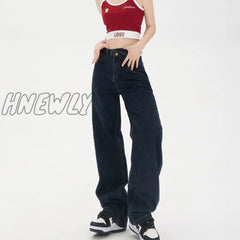 Hnewly High Waist Retro Straight Jeans Women’s 2024 Spring Korean Irregular Everything Wide Leg