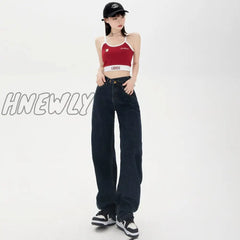 Hnewly High Waist Retro Straight Jeans Women’s 2024 Spring Korean Irregular Everything Wide Leg
