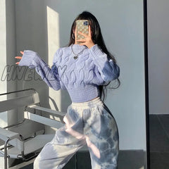 Hnewly High Waist Women Sweater Autumn Winter Khaki Casual Pullover Street Style Y2K Knitted