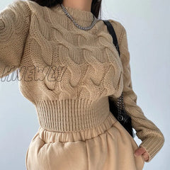 Hnewly High Waist Women Sweater Autumn Winter Khaki Casual Pullover Street Style Y2K Knitted