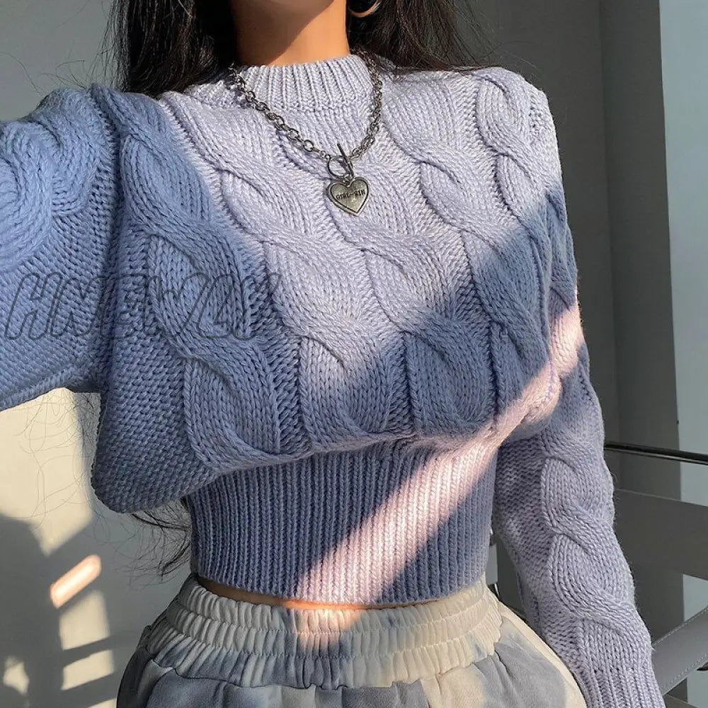 Hnewly High Waist Women Sweater Autumn Winter Khaki Casual Pullover Street Style Y2K Knitted Blue /