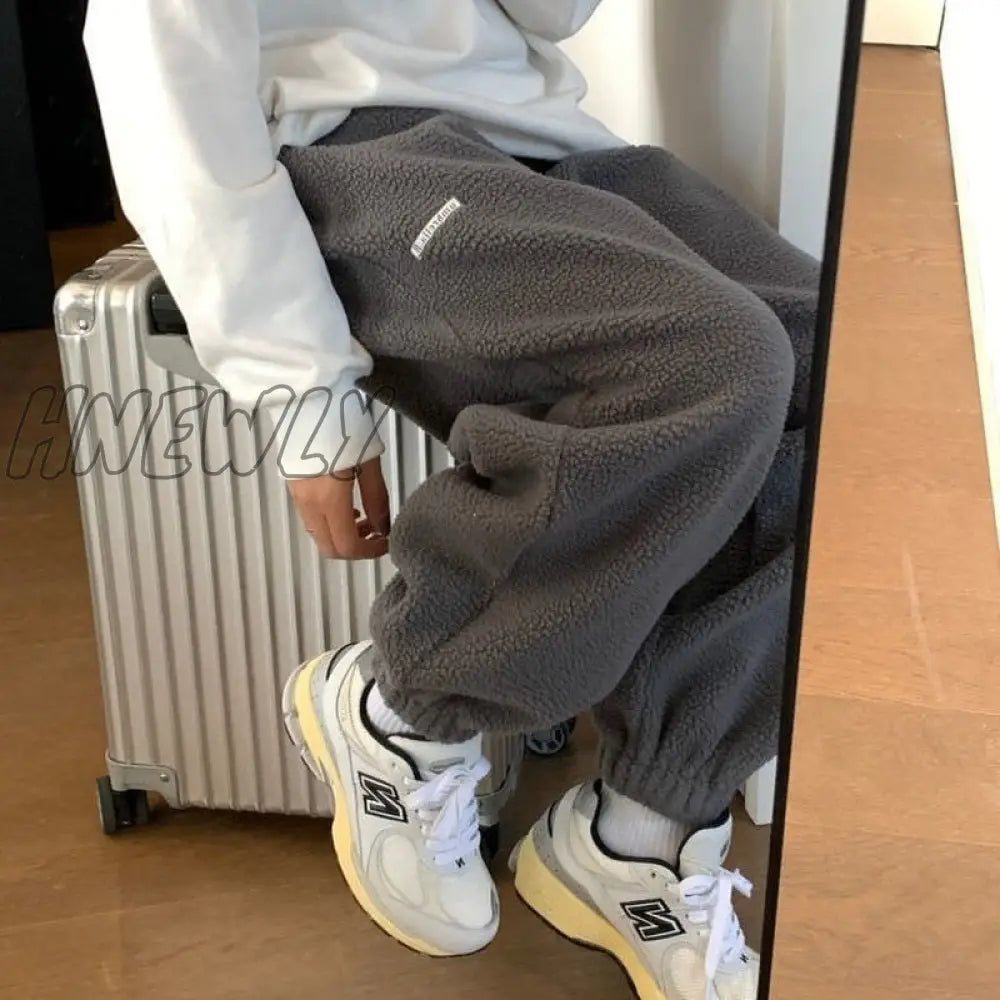 Hnewly Hip Hop Gray Fleece Harem Pants Women Oversize Harajuku Winter Jogging Black Casual Trousers