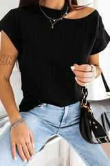 Hnewly - Hollow-Out Black T-Shirt Tops