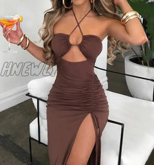 Hnewly Hollow Out Drawstring Dress Women Sleeveless Backless High Split Elegant Ruched Vestidos