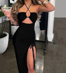 Hnewly Hollow Out Drawstring Dress Women Sleeveless Backless High Split Elegant Ruched Vestidos
