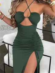 Hnewly Hollow Out Drawstring Dress Women Sleeveless Backless High Split Elegant Ruched Vestidos