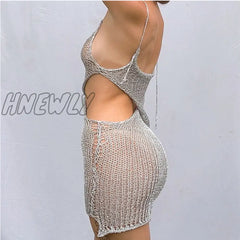 Hnewly Hollow Out Knitted Dress Women Spaghetti Strap Sleeveless Cut See Through Y2K Summer Club