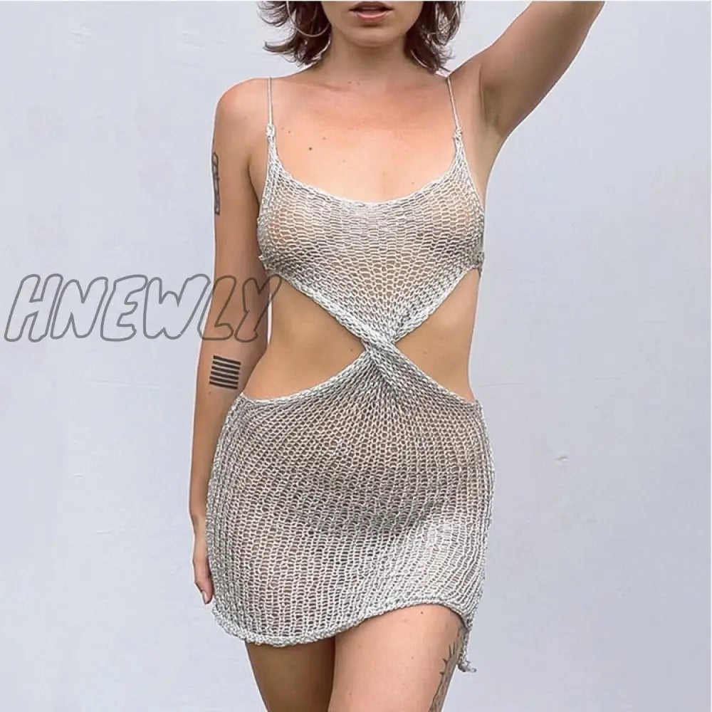 Hnewly Hollow Out Knitted Dress Women Spaghetti Strap Sleeveless Cut See Through Y2K Summer Club