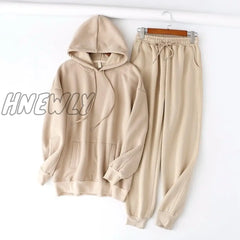 Hnewly Hoodie 2 Pieces Set Women Autumn Solid Oversized Sweatshirt Casual Long Sleeve Fleece Tops