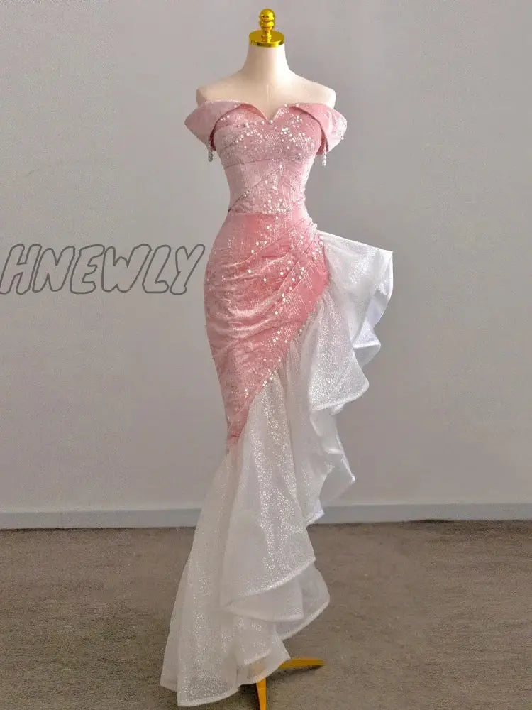 Hnewly Host Evening Dress Luxury Party Sexy Skirt Bare Chest And Sleeveless Bridal Toast Pink