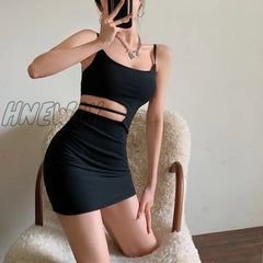 Hnewly Hot Fashion Women Sexy Bodycon Mini Dress Sleeveless Spaghetti Strap Solid Color Cutout