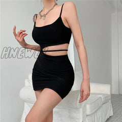 Hnewly Hot Fashion Women Sexy Bodycon Mini Dress Sleeveless Spaghetti Strap Solid Color Cutout