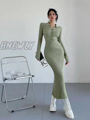Hnewly Hot Girls Polo Neck Knit Dress Autumn Winter Women Long Maxi Dresses Sweater Fashion Slim
