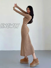 Hnewly Hot Girls Polo Neck Knit Dress Autumn Winter Women Long Maxi Dresses Sweater Fashion Slim