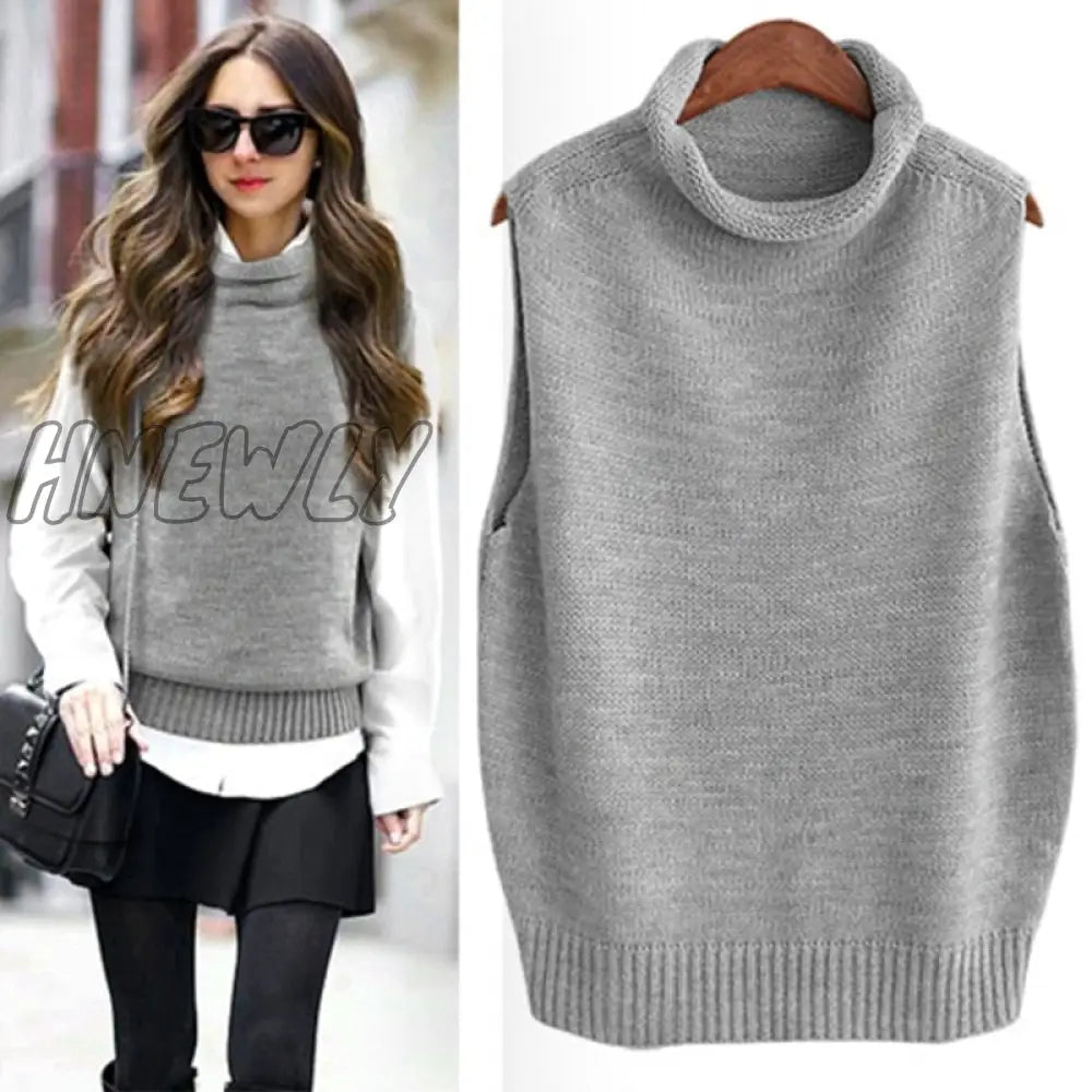 Hnewly Hot High Collar Sleeveless Loose Ladies Vest Knit Fashion Sweater Wholesale Brand Pullover