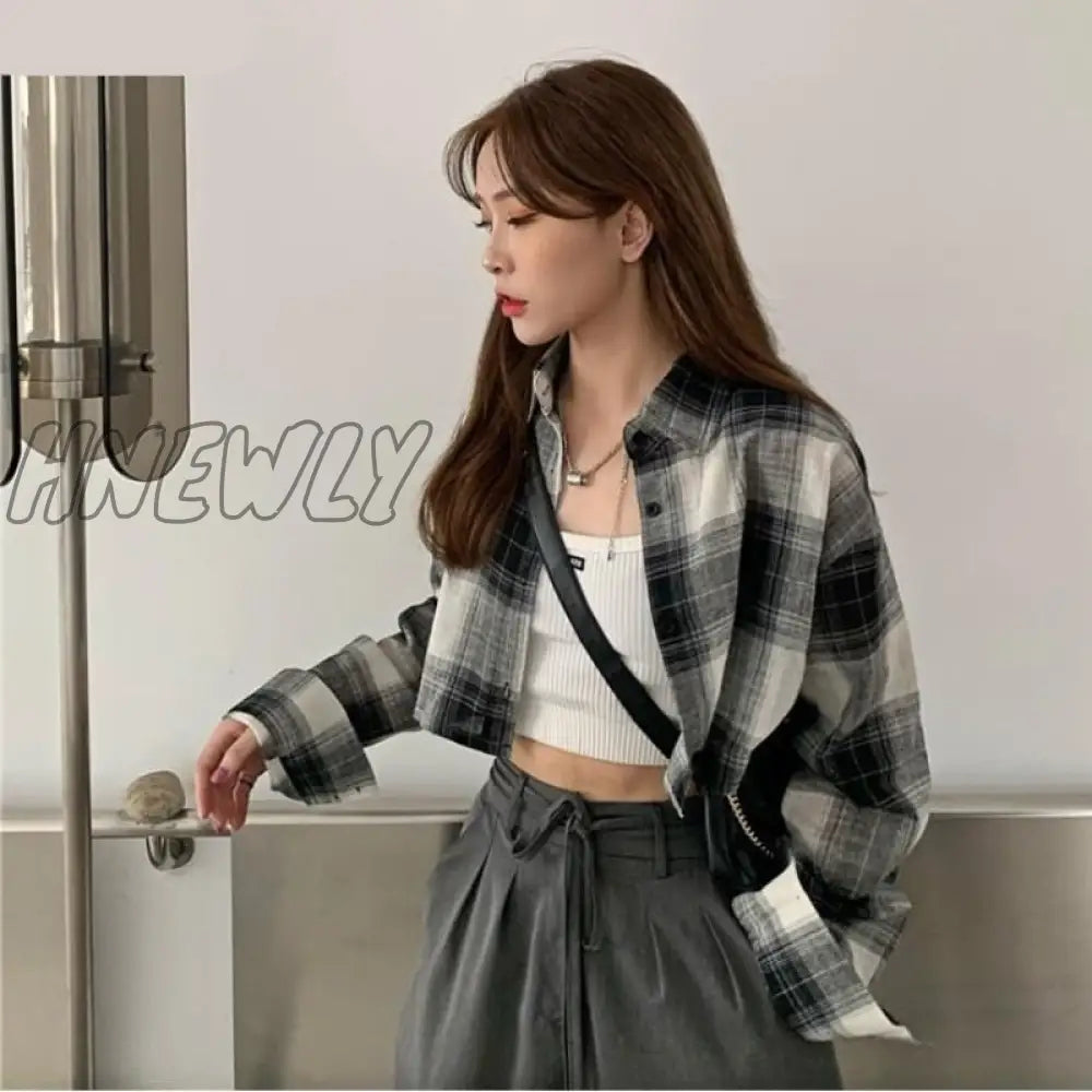 Hnewly Hot Sale Shirts Women Chic Plaid Stylish Summer Long Sleeve Sun-Proof Schoolgirls Crop Top