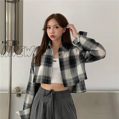 Hnewly Hot Sale Shirts Women Chic Plaid Stylish Summer Long Sleeve Sun-Proof Schoolgirls Crop Top