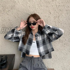 Hnewly Hot Sale Shirts Women Chic Plaid Stylish Summer Long Sleeve Sun-Proof Schoolgirls Crop Top