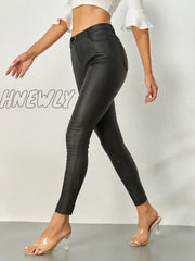 Hnewly Hot Sexy Fashion Womens Stretch High Waist Pencil Pants Skinny Pu Leather Long Solid Slim